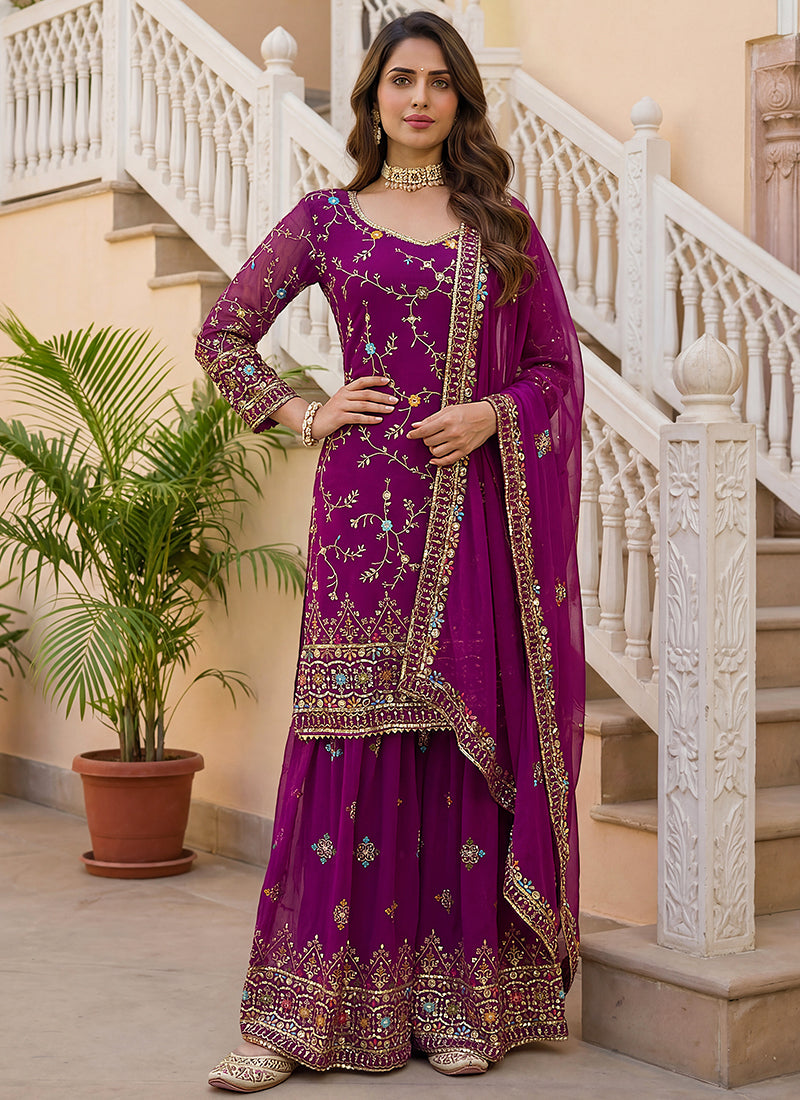 Wine Faux Georgette  Sequins Work  Occasional Wear Readymade Sharara Suit SW158798