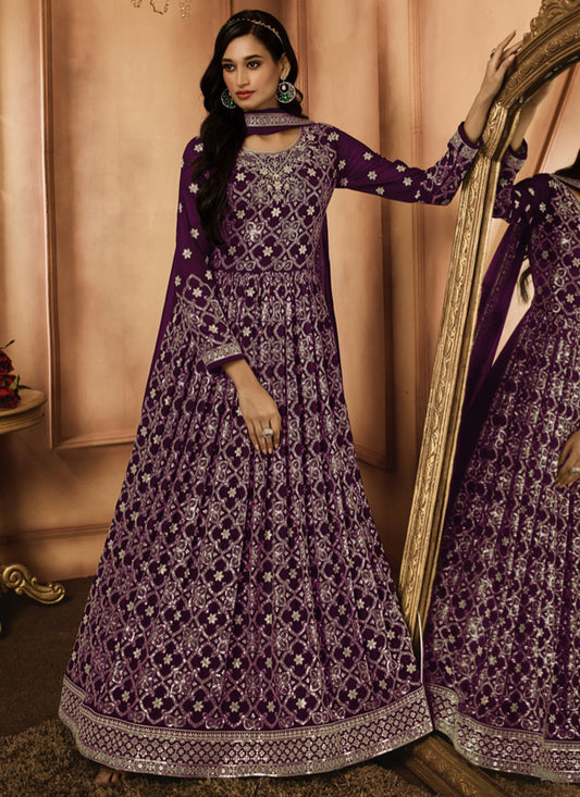 Wine Georgette Embroidery Work Party Wear Readymade Anarkali Suit SW671604
