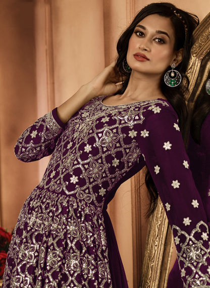 Wine Georgette Embroidery Work Party Wear Readymade Anarkali Suit SW671604