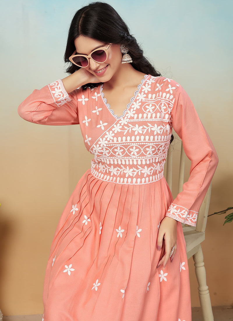 Rayon Peach Casual Wear Chikankari Embroidery Readymade Gown With Pant 367531