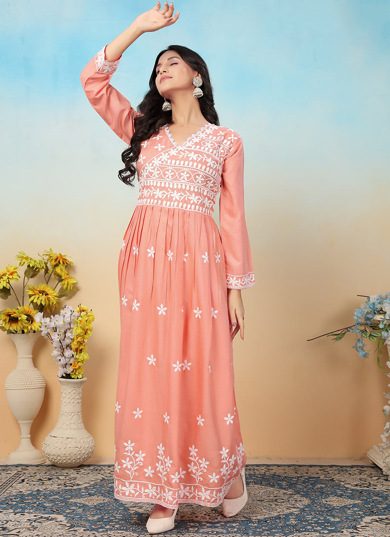 Rayon Peach Casual Wear Chikankari Embroidery Readymade Gown With Pant 367531