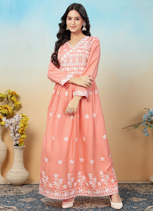 Rayon Peach Casual Wear Chikankari Embroidery Readymade Gown With Pant 367531