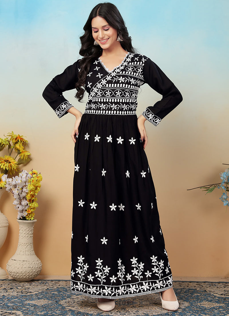 Rayon Black Casual Wear Chikankari Embroidery Readymade Gown With Pant 367530