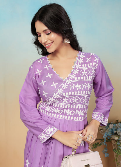 Rayon Lavender Casual Wear Chikankari Embroidery Readymade Gown With Pant 367529