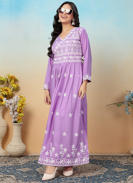 Rayon Lavender Casual Wear Chikankari Embroidery Readymade Gown With Pant 367529