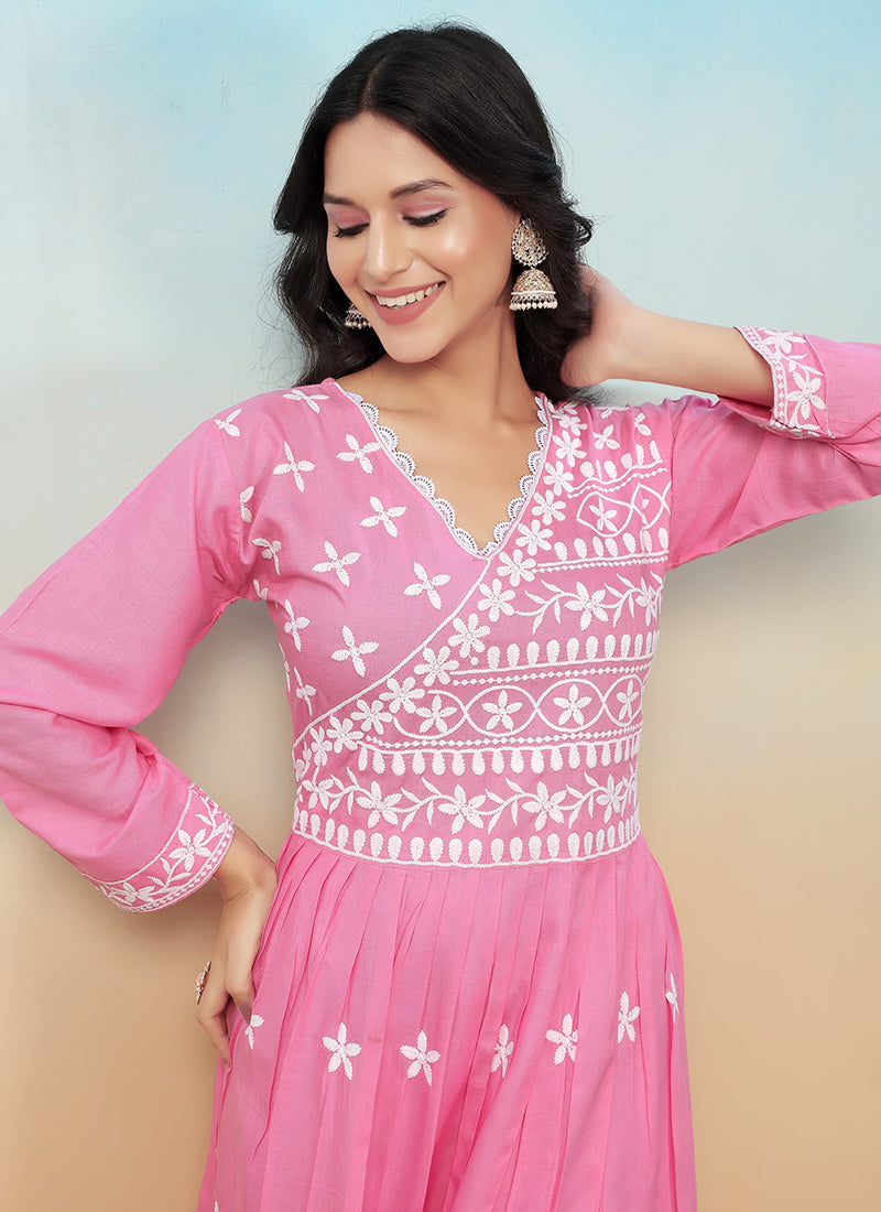 Rayon Pink Casual Wear Chikankari Embroidery Readymade Gown With Pant 367528