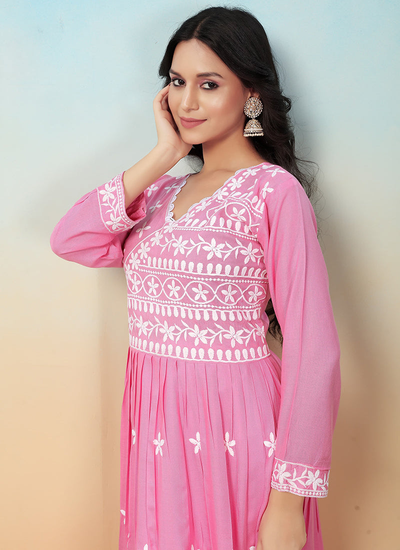 Rayon Pink Casual Wear Chikankari Embroidery Readymade Gown With Pant 367528