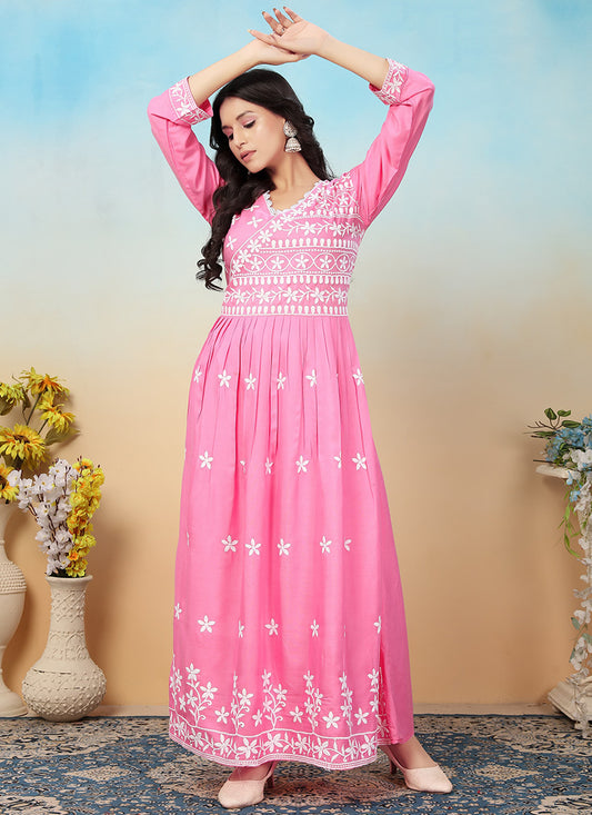 Rayon Pink Casual Wear Chikankari Embroidery Readymade Gown With Pant 367528