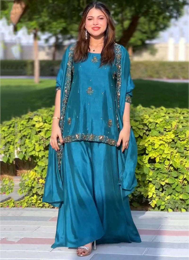 Crepe Royal Blue Party Wear Embroidery Work Readymade Plazzo Suit 387198