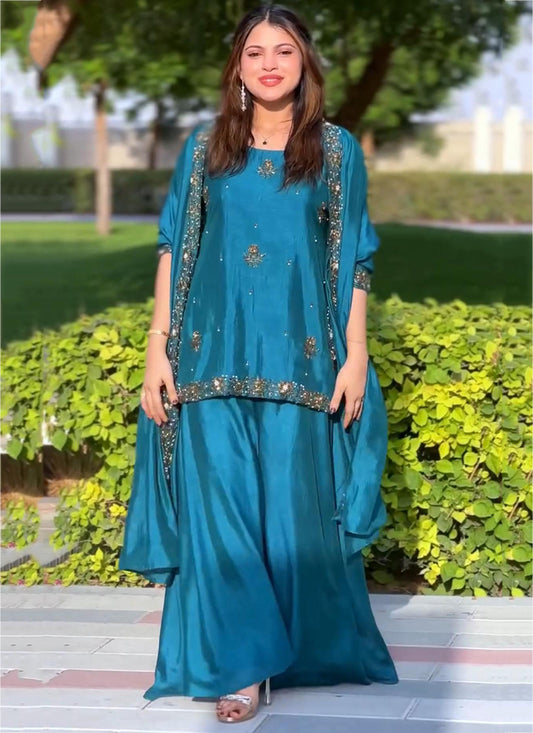 Crepe Royal Blue Party Wear Embroidery Work Readymade Plazzo Suit 387198