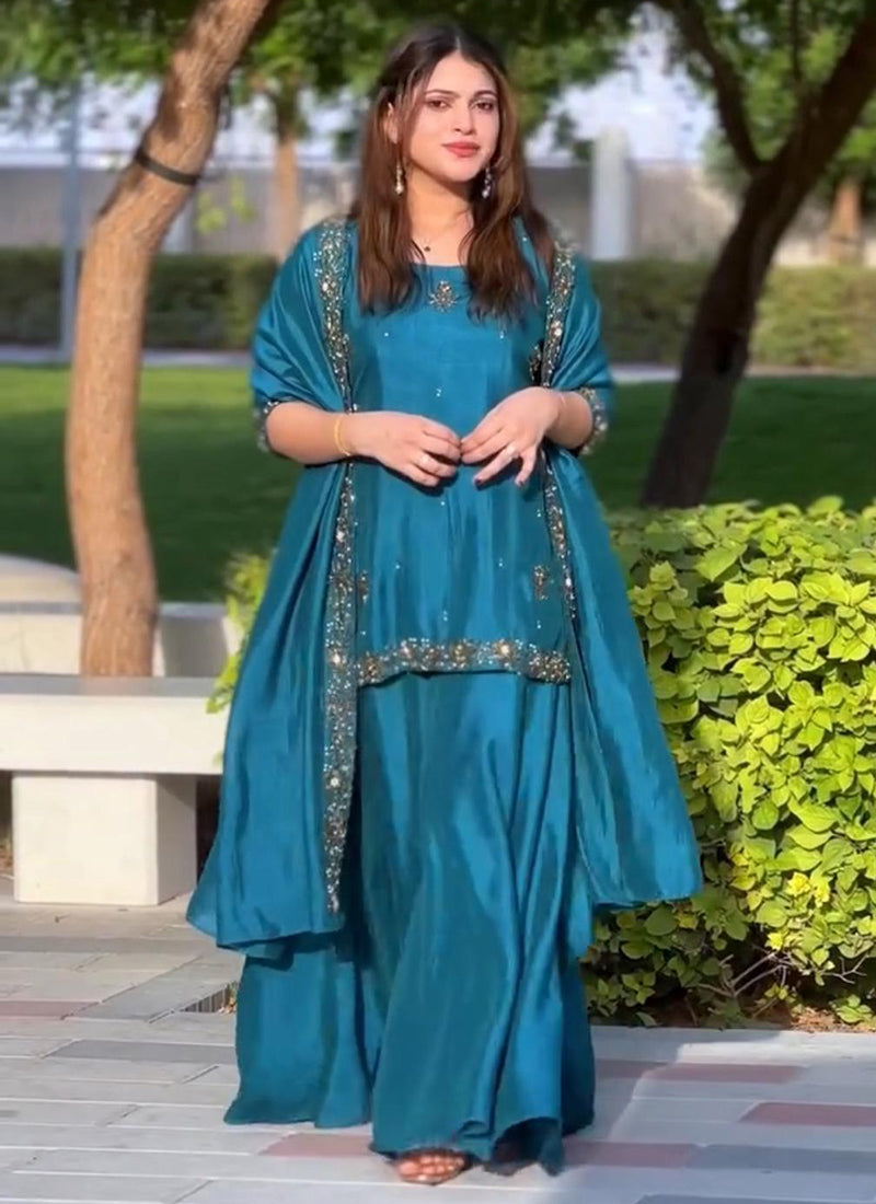 Crepe Royal Blue Party Wear Embroidery Work Readymade Plazzo Suit 387198