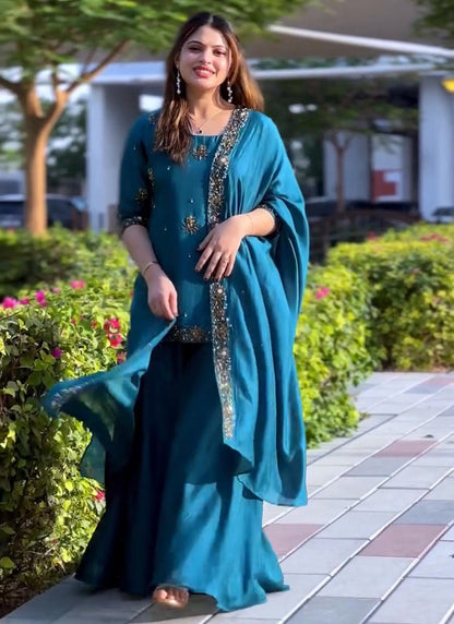 Crepe Royal Blue Party Wear Embroidery Work Readymade Plazzo Suit 387198