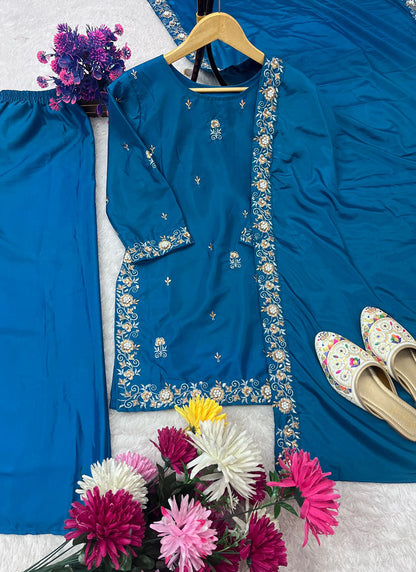 Crepe Royal Blue Party Wear Embroidery Work Readymade Plazzo Suit 387198