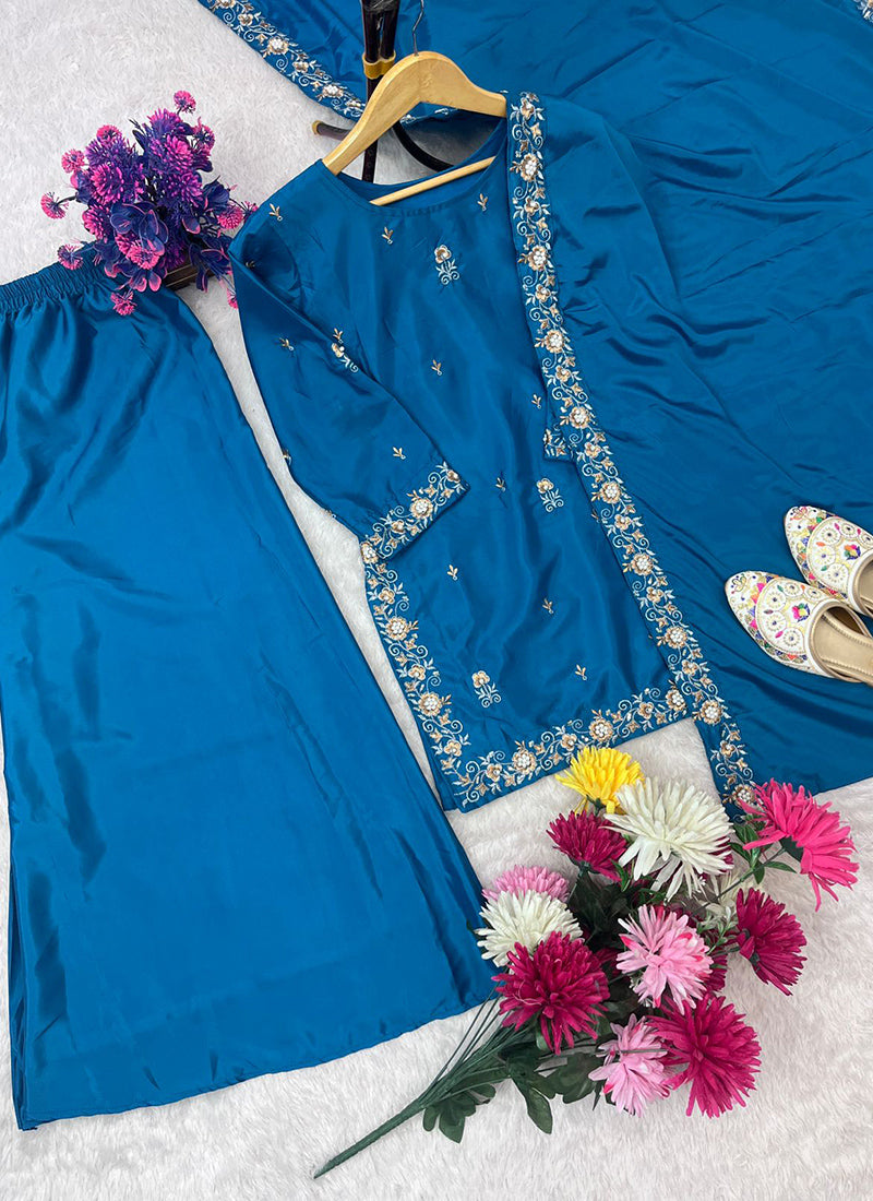 Crepe Royal Blue Party Wear Embroidery Work Readymade Plazzo Suit 387198