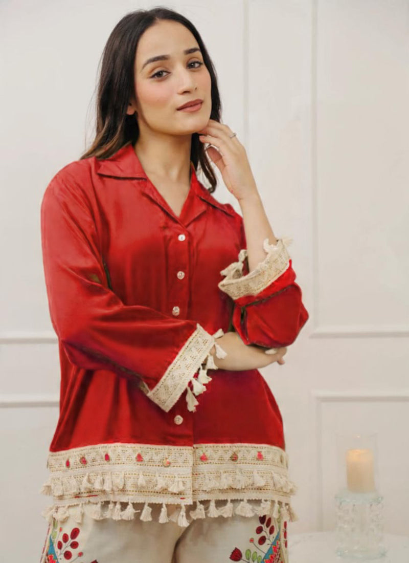 Cotton Slub Red Designer Wear Printed Work Readymade Top With Plazzo 383789