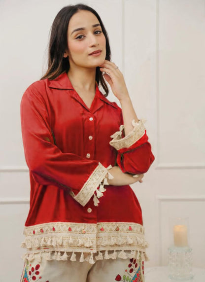 Cotton Slub Red Designer Wear Printed Work Readymade Top With Plazzo 383789