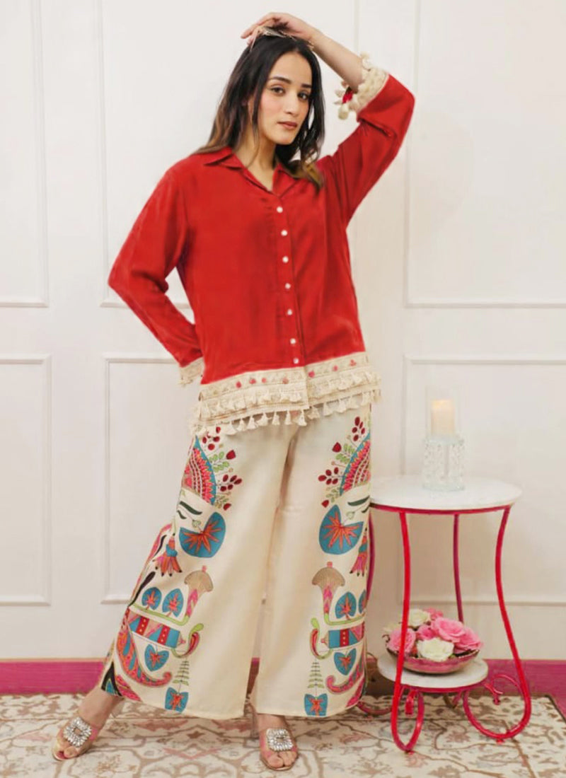 Cotton Slub Red Designer Wear Printed Work Readymade Top With Plazzo 383789