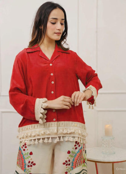 Cotton Slub Red Designer Wear Printed Work Readymade Top With Plazzo 383789