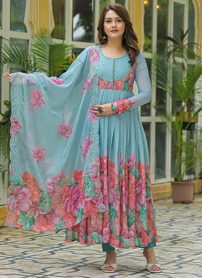 Faux Georgette Sky Blue Festival Wear Digital Print Work Readymade Anarkali Suit 384893