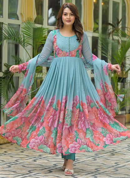Faux Georgette Sky Blue Festival Wear Digital Print Work Readymade Anarkali Suit 384893