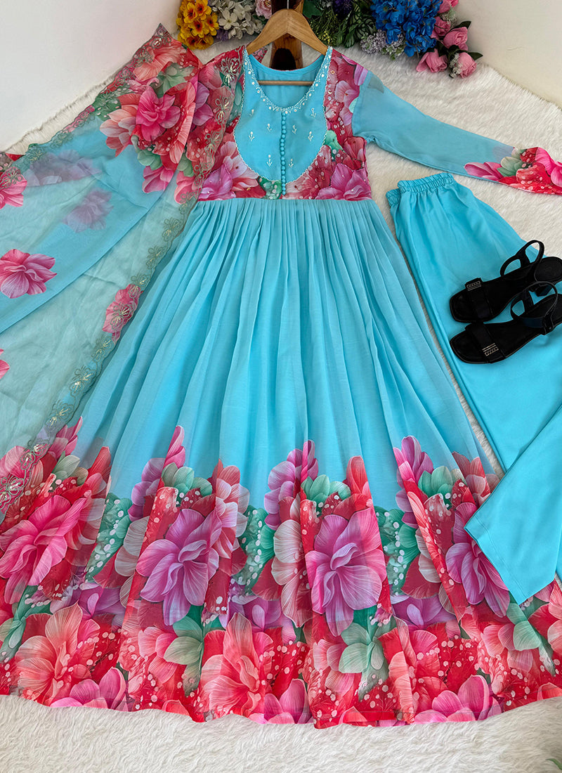 Faux Georgette Sky Blue Festival Wear Digital Print Work Readymade Anarkali Suit 384893