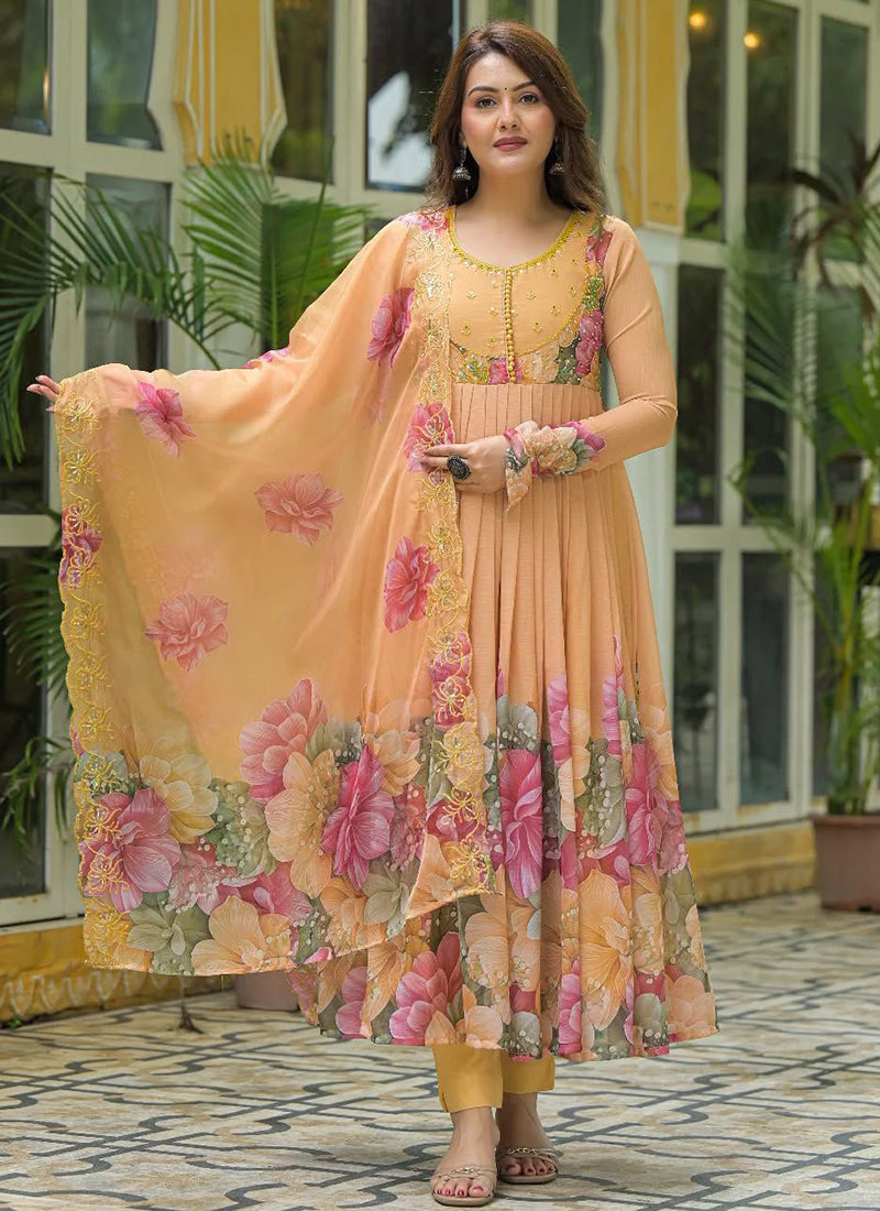 Faux Georgette Orange Festival Wear Digital Print Work Readymade Anarkali Suit 384894