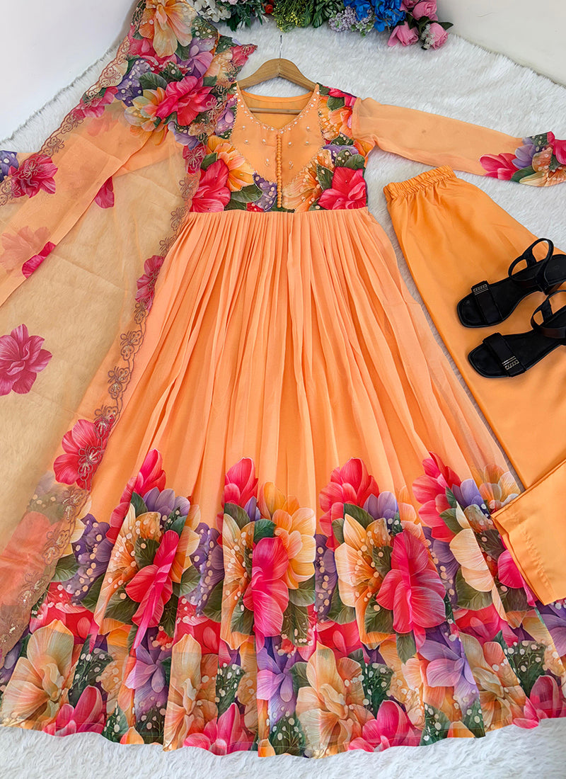 Faux Georgette Orange Festival Wear Digital Print Work Readymade Anarkali Suit 384894