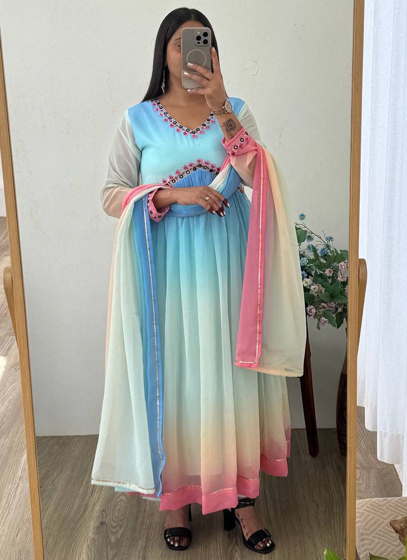 Georgette Multi Color Party Wear Thread Work Readymade Gown 386905