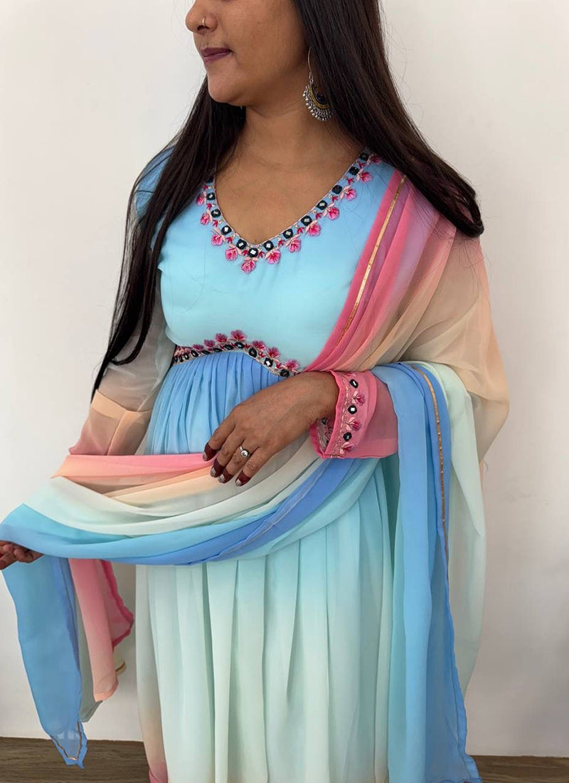 Georgette Multi Color Party Wear Thread Work Readymade Gown 386905