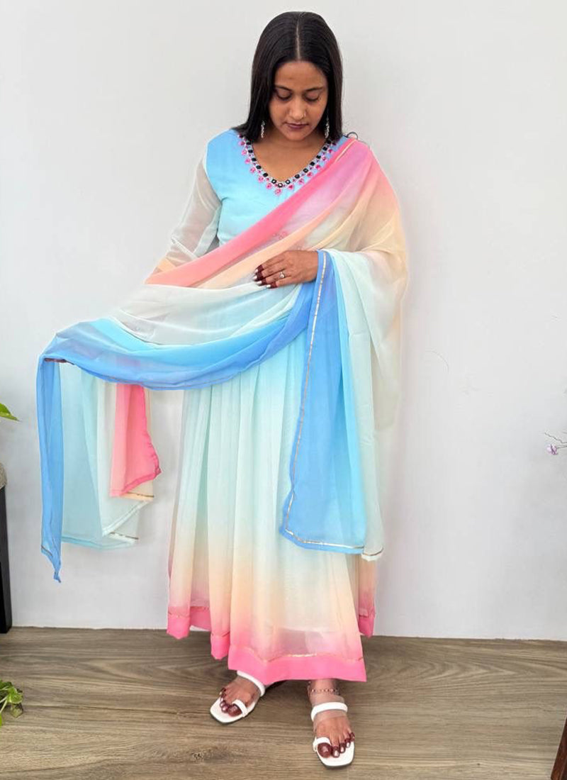 Georgette Multi Color Party Wear Thread Work Readymade Gown 386905