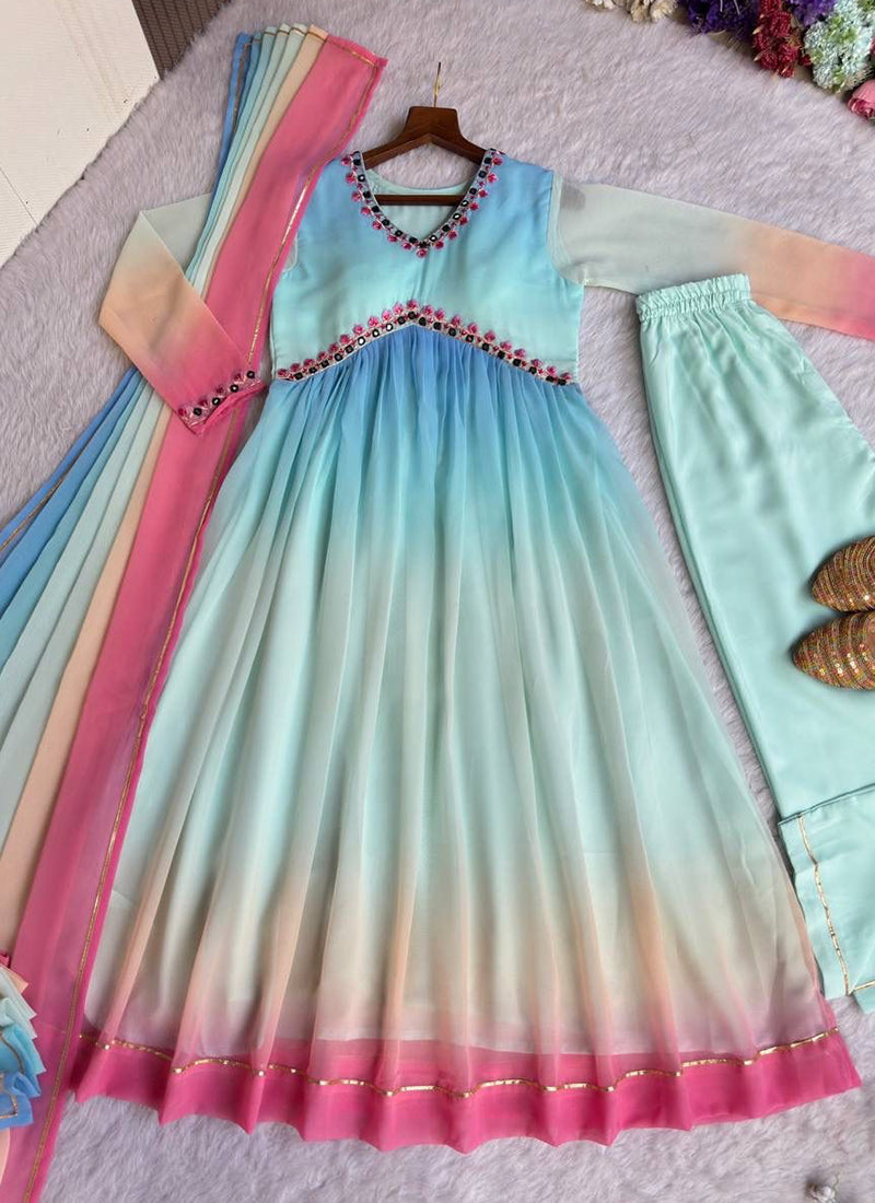 Georgette Multi Color Party Wear Thread Work Readymade Gown 386905