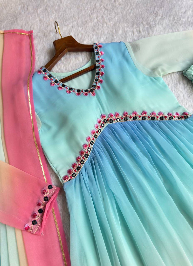 Georgette Multi Color Party Wear Thread Work Readymade Gown 386905