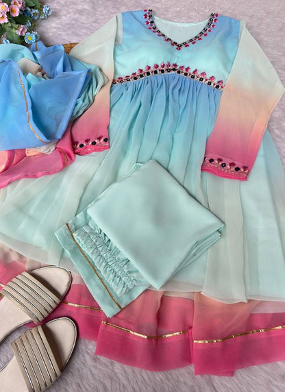 Georgette Multi Color Party Wear Thread Work Readymade Gown 386905