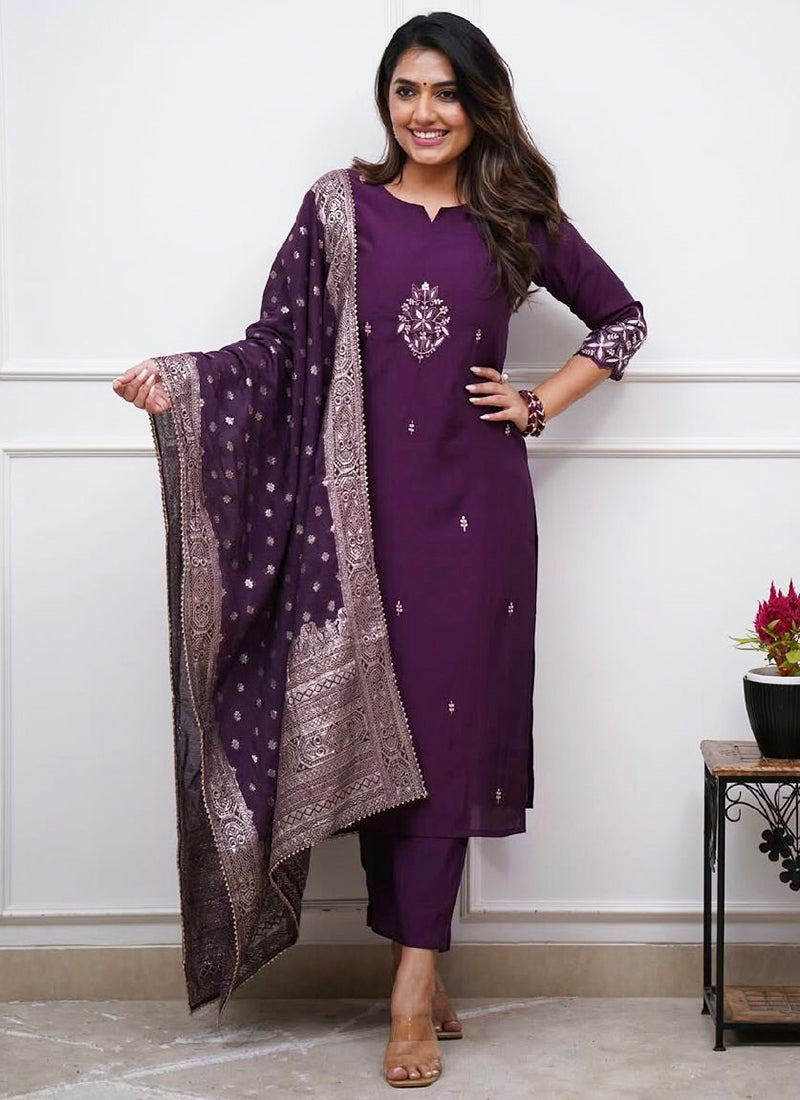 Chanderi Wine Casual Wear Embroidery Work Readymade Salwar Suit 386908