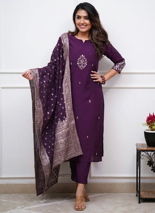 Chanderi Wine Casual Wear Embroidery Work Readymade Salwar Suit 386908