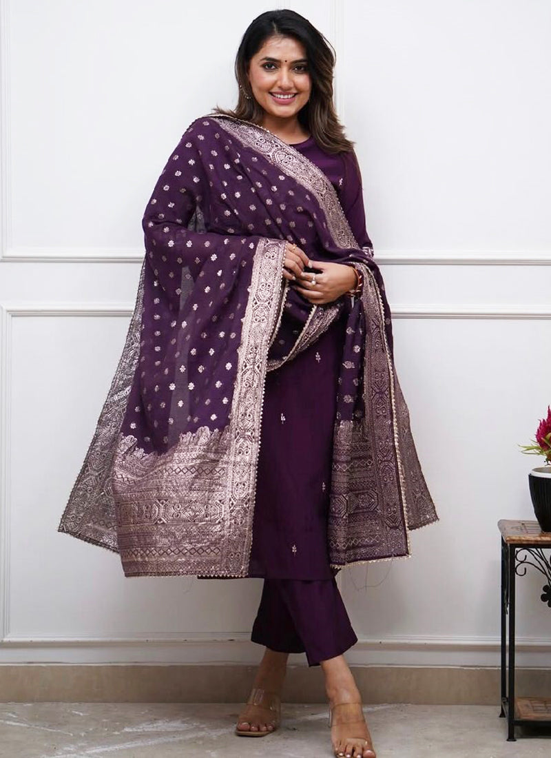 Chanderi Wine Casual Wear Embroidery Work Readymade Salwar Suit 386908