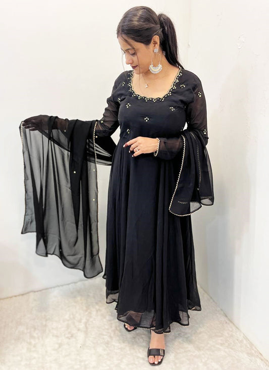 Georgette Black Party Wear Embroidery Work Readymade Gown 387055