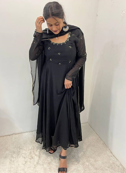 Georgette Black Party Wear Embroidery Work Readymade Gown 387055