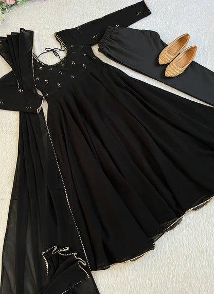 Georgette Black Party Wear Embroidery Work Readymade Gown 387055