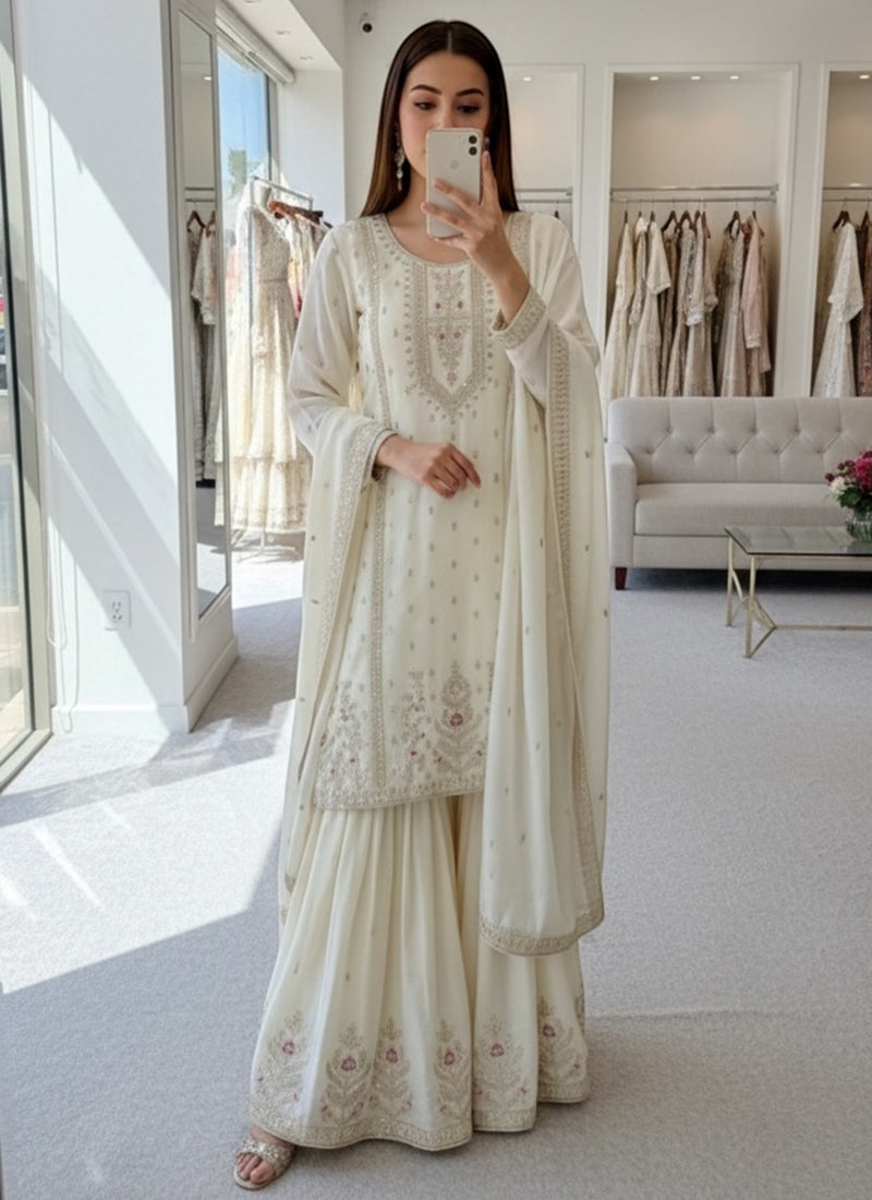 White  Chinon Silk Embroidery Work Festival Wear Readymade Plazzo Suit SW599669