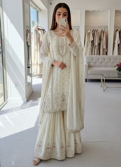 White  Chinon Silk Embroidery Work Festival Wear Readymade Plazzo Suit SW599669