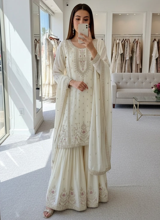 White  Chinon Silk Embroidery Work Festival Wear Readymade Plazzo Suit SW599669