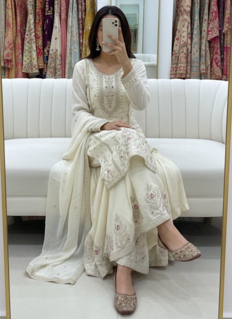 White  Chinon Silk Embroidery Work Festival Wear Readymade Plazzo Suit SW599669