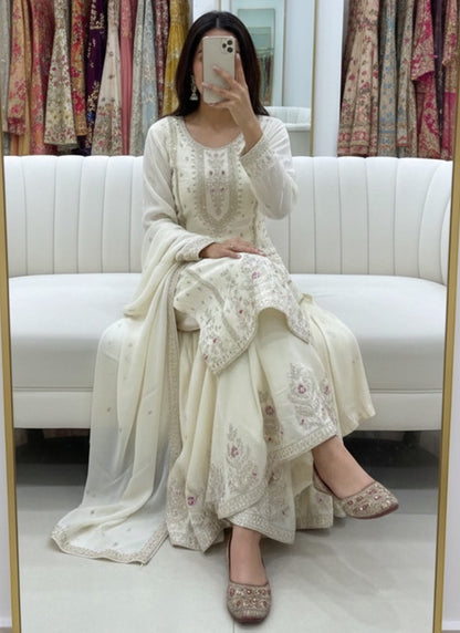 White  Chinon Silk Embroidery Work Festival Wear Readymade Plazzo Suit SW599669