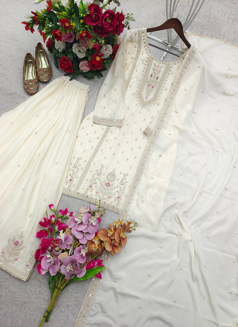 White  Chinon Silk Embroidery Work Festival Wear Readymade Plazzo Suit SW599669