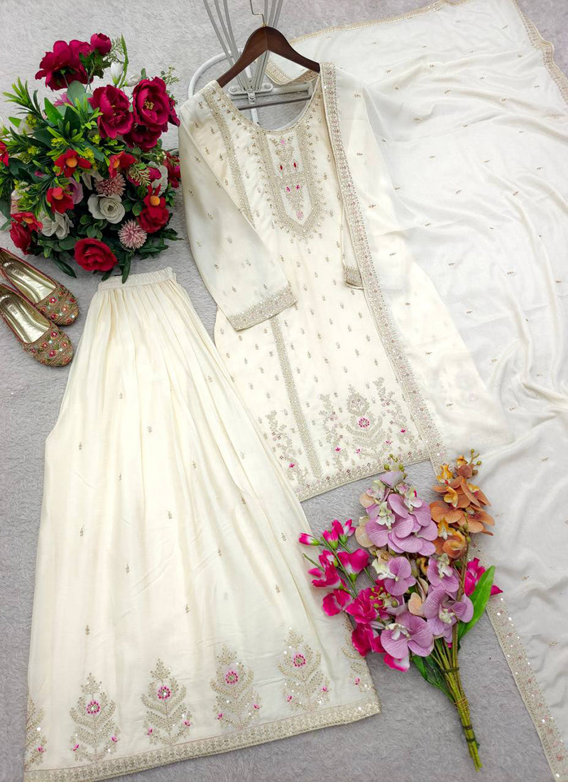 White  Chinon Silk Embroidery Work Festival Wear Readymade Plazzo Suit SW599669