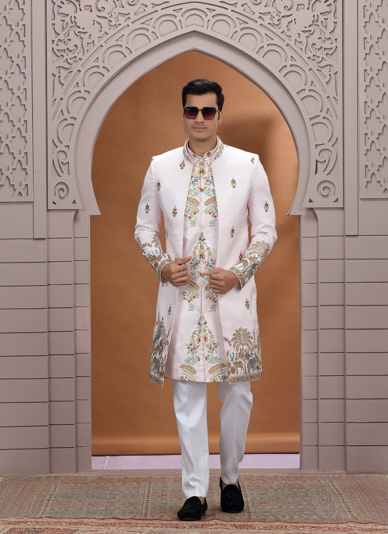 Art Silk White Wedding Wear Embroidery Work Readymade Indo Western Sherwani 386006