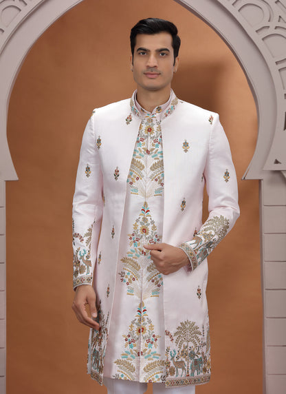 Art Silk White Wedding Wear Embroidery Work Readymade Indo Western Sherwani 386006