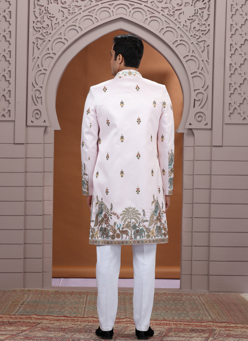 Art Silk White Wedding Wear Embroidery Work Readymade Indo Western Sherwani 386006
