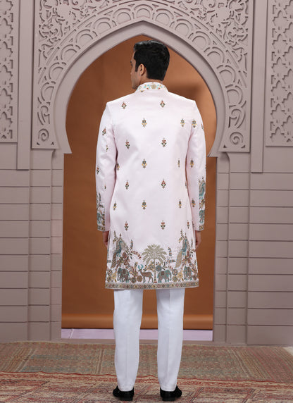 Art Silk White Wedding Wear Embroidery Work Readymade Indo Western Sherwani 386006